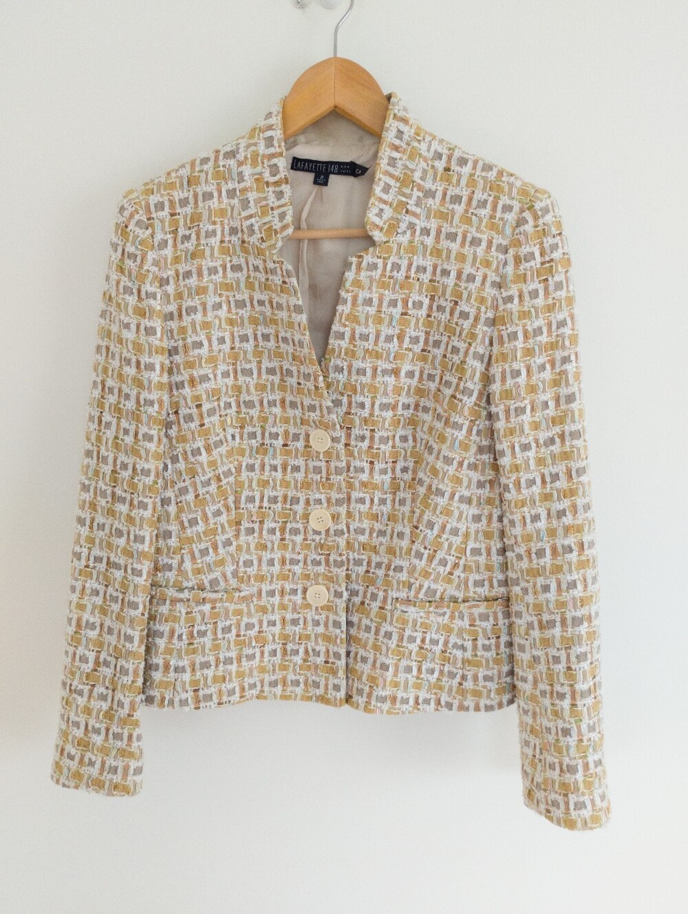 Lafayette 148 New York Wool Tweed Blazer Jacket Silk Trim Beige Yellow Size 10